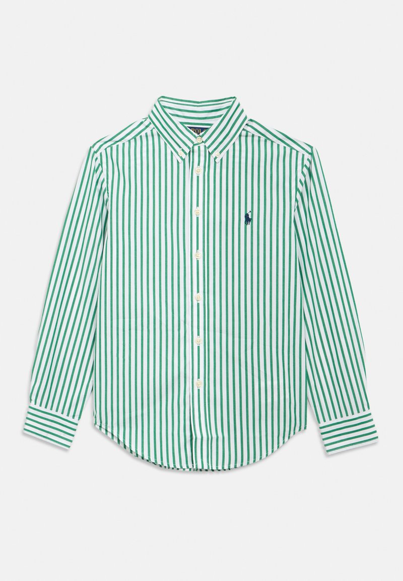 Camisa de mangas compridas aos riscos verdes e brancos com botões, colarinho e um pequeno logótipo bordado no lado esquerdo do peito. Tecido de algodão texturizado.