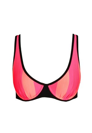 Soutien-gorge en tissu dégradé de rose et d'orange avec une bande noire ; texture lisse et larges bretelles pour un soutien.
