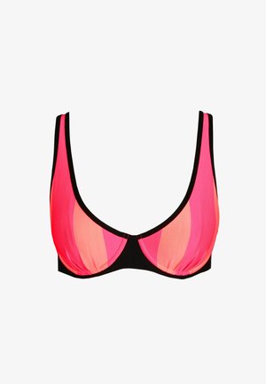 Soutien-gorge en tissu dégradé de rose et d'orange avec une bande noire ; texture lisse et larges bretelles pour un soutien.