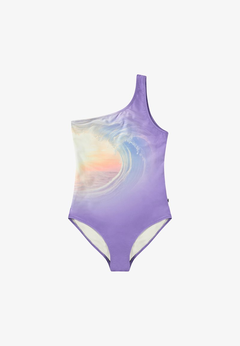Fato de banho roxo de um ombro com gráfico de ondas; textura suave, design ajustado e forro interior de cor clara contrastante.