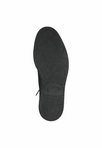 Talpă de pantof din cauciuc negru, cu suprafață texturată, formă rotundă și toc plat. Prezintă o secțiune netedă la toc, fără logo-uri vizibile.