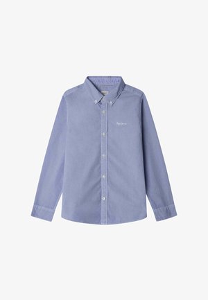 Camisa de botones azul claro en tejido de mezcla de algodón. Presenta un collar puntiagudo, mangas largas y un sutil bordado de logo en el pecho.