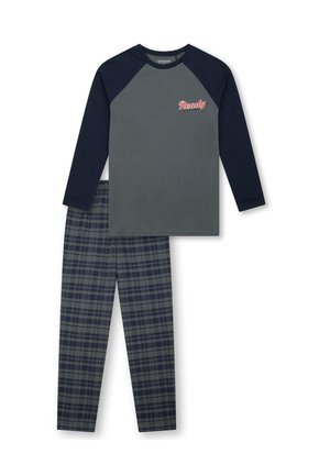 Graues Langarmshirt mit dunkelblauen Raglanärmeln und dem Text "Ready", kombiniert mit dunkel karierten Schlafanzughosen in Grautönen und Navy.