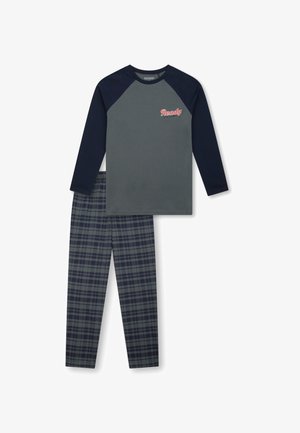 Gray long-sleeve shirt with navy raglan sleeves and "Ready" text, paired with dark plaid pajama pants in gray and navy tones.