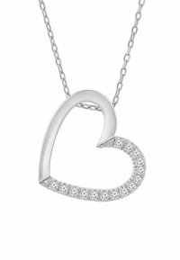 Hõbedast südamekujuline ripats-kaelakee, millel on poleeritud disain ja rida säravaid läbipaistvaid kivikesi alumisel serval.