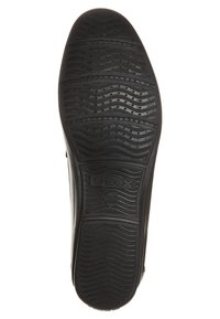 Zwarte Geox schoenzool met golvend loopvlakpatroon en kleine drainagegaten. Bevat het merkembleem en tekst "Italiaans patent". Duurzaam rubbermateriaal.