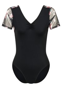 Schwarzer Body mit V-Ausschnitt und gerafftem Detail, ausgestattet mit transparenten Ärmeln im floralem Druck für Kontrast und visuelle Textur.