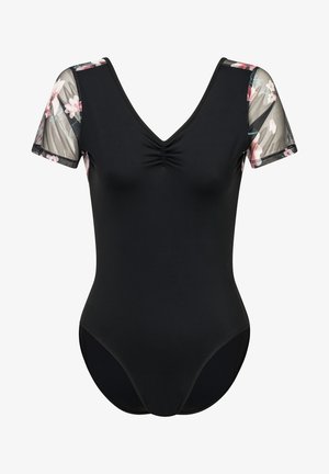 Schwarzer Body mit V-Ausschnitt und gerafftem Detail, ausgestattet mit transparenten Ärmeln im floralem Druck für Kontrast und visuelle Textur.
