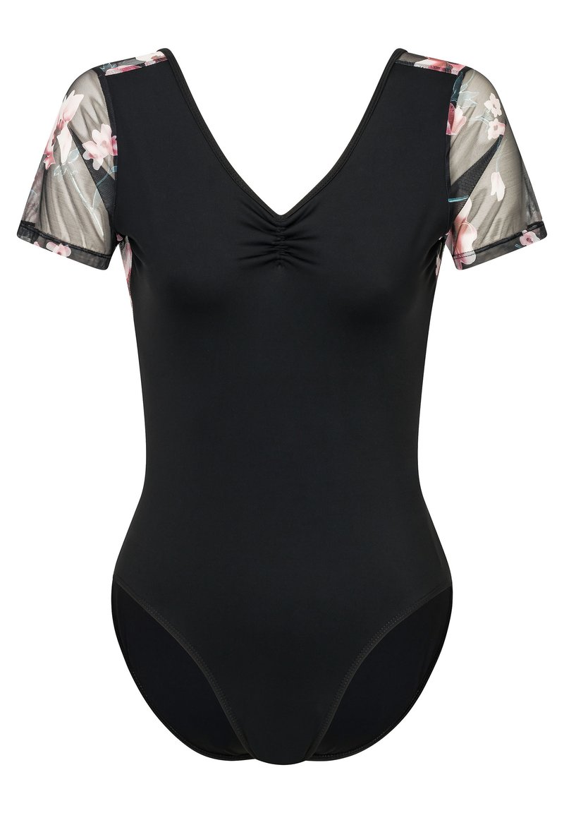Schwarzer Body mit V-Ausschnitt und gerafftem Detail, ausgestattet mit transparenten Ärmeln im floralem Druck für Kontrast und visuelle Textur.
