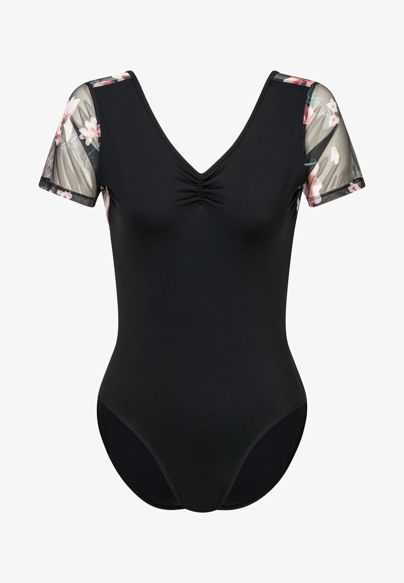 Schwarzer Body mit V-Ausschnitt und gerafftem Detail, ausgestattet mit transparenten Ärmeln im floralem Druck für Kontrast und visuelle Textur.