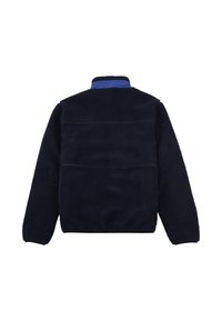 Marineblaues Fleece-Jacke mit einer weichen, strukturierten Oberfläche. Verfügt über einen hohen Kragen und ein kontrastierendes blaues Paneel am Hals. Rückansicht dargestellt.
