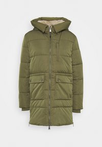 Olive green long padded winter coat with hood, two front flap pockets with buttons, and a chest zipper pocket.