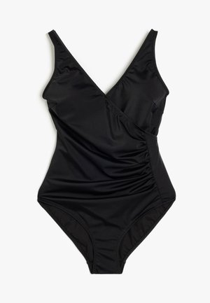 Black one-piece swimsuit made of smooth fabric with a plunging V-neck, cross-over front, and gathered side details.