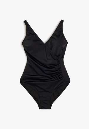 Black one-piece swimsuit made of smooth fabric with a plunging V-neck, cross-over front, and gathered side details.