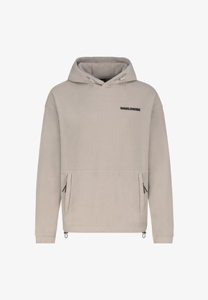 Hellbeige Kapuzensh sweatshirt aus Fleece-Material. Mit einer Fronttasche, schwarzem "WORLDWIDE"-Logo, verstellbaren Kordeln und seitlichen Reißverschlüssen.