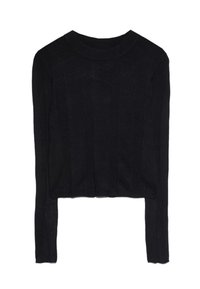 Czarny krótki sweter z prążkowaną teksturą, długimi rękawami i okrągłym dekoltem. Tkanina wydaje się miękka i lekko elastyczna.