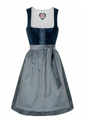 Robe dirndl avec un corsage en velours bleu marine, broderies florales et une jupe grise avec un ourlet à motifs, nouée avec une ceinture assortie.