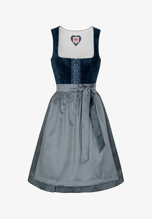 Dirndl dress featuring a navy blue velvet bodice, floral embroidery, and a gray skirt with a patterned hem, tied with a matching sash.