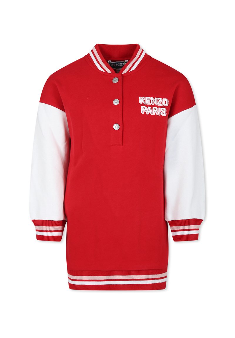 Pull-over en jersey de coton rouge avec des manches blanches, des poignets rayés et une patte de boutonnage. Présente "KENZO PARIS" brodé sur la poitrine.