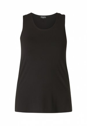 Zwart mouwloos tanktop met ronde hals, gemaakt van gladde stof, afgebeeld op een effen witte achtergrond.