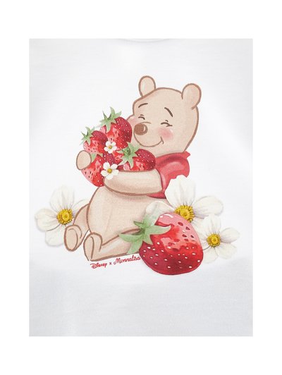 Ο Γουίνι το Αρκουδάκι αγκαλιάζει μια χούφτα φράουλες, περιτριγυρισμένος από λευκά λουλούδια με κίτρινα κέντρα, πάνω σε λευκό φόντο.