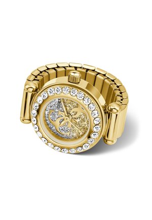 Montre ton or avec bracelet extensible, lunette en cristal et cadran bicolore or et argent scintillant présentant des accents décoratifs entrelacés.