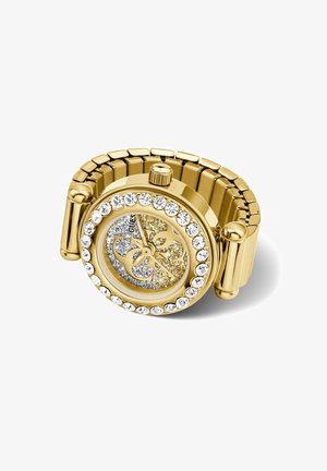 Montre ton or avec bracelet extensible, lunette en cristal et cadran bicolore or et argent scintillant présentant des accents décoratifs entrelacés.