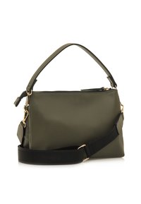 Olivenfarbene Lederhandtasche mit strukturierter Oberfläche. Mit einem oberen Griff, abnehmbarem schwarzen Schulterriemen und goldfarbenen Beschlägen. Mit Reißverschlussschluss.