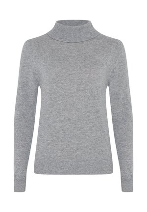 Pull en coton gris à col roulé, fabriqué en tissu doux, avec des manches longues, une silhouette ajustée et des détails côtelés au niveau du col et des poignets.
