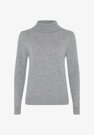 Gray turtleneck sweater made of soft fabric, featuring long sleeves, a fitted silhouette, and ribbed detailing at the neck and cuffs.