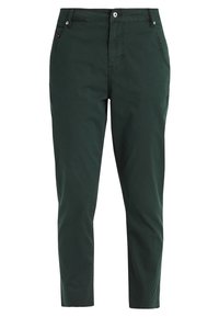 Chinos vert foncé avec fermeture éclair et bouton, deux poches avant et une coupe slim. Fabriqués en tissu coton léger.