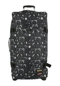 Grand sac de voyage noir à roulettes avec un imprimé de personnage Pokémon. Fabriqué en tissu durable, il possède une poignée rétractable et des boucles latérales.