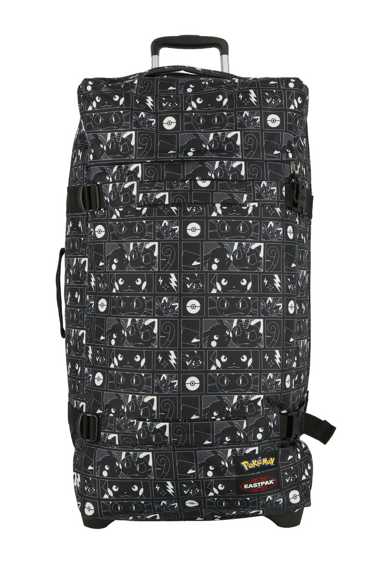 Grand sac de voyage noir à roulettes avec un imprimé de personnage Pokémon. Fabriqué en tissu durable, il possède une poignée rétractable et des boucles latérales.