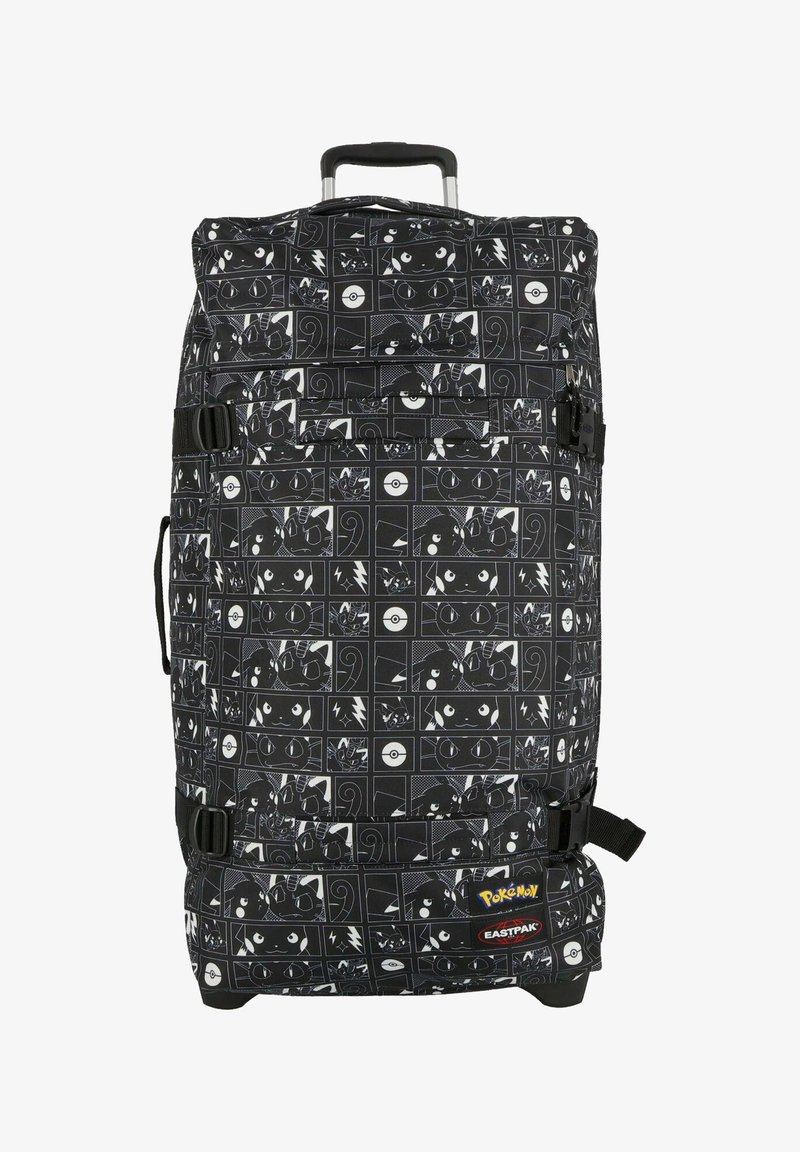 Grand sac de voyage noir à roulettes avec un imprimé de personnage Pokémon. Fabriqué en tissu durable, il possède une poignée rétractable et des boucles latérales.