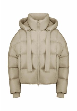 Beige gewatteerde pufferjas met hoge kraag, rits aan de voorkant, grote capuchon, lange hangende trekkoorden en geribde manchetten aan de mouwen.