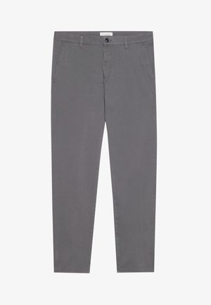 Pantalons en coton gris avec une coupe slim, dotés de deux poches avant, d'une seule poche arrière et d'une fermeture à bouton à la taille.