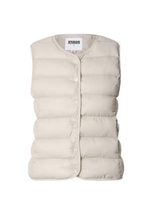 Vesta pufo de culoare bej deschis, cu guler rotund, nasturi cu capsă pe față și model matlasat pe întreaga țesătură.