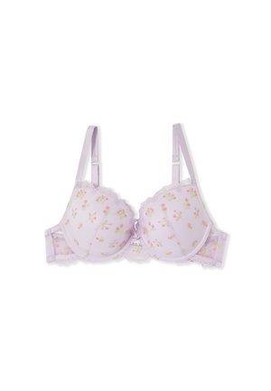 Soutien-gorge rembourré lilas clair avec des bretelles réglables et de délicates broderies florales roses et vertes sur les bonnets et la bande.