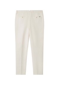 Pantaloni color crema realizzati in tessuto liscio, caratterizzati da due tasche posteriori con bottoni, design a gamba dritta e pieghe stese.