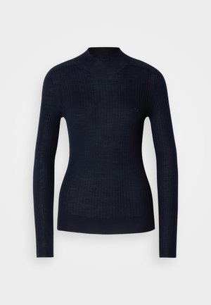 Marineblå ribbestrikket genser med høy hals, lange ermer, tettsittende design og teksturert strikkemønster. Glatt stoff med en myk overflate.