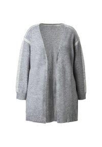 Grå cardigan med en avslappnad passform, öppen front, trekvartslånga ärmar och texturerade ljusgrå detaljer längs axelsömmarna och ärmfransarna.