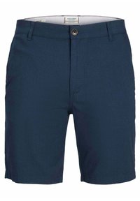Shorts décontractés pour hommes en bleu marine avec fermeture par bouton, passants de ceinture et coupe droite.