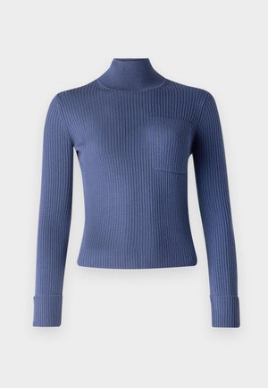 Geripptes Rollkragensweatshirt in tiefblau. Mit langen Ärmeln, einer figurbetonten Passform und einer kleinen Fronttasche. Weicher Stoff und dehnbarem Material.