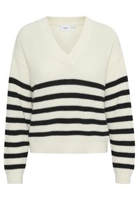 Stickad tröja med V-ringning, med växlande horisontella ränder i krämfärg och svart, samt ribbade ärmslut och nederkant.