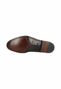 Suola di scarpa in pelle marrone con finitura liscia, punta arrotondata e tacco in gomma nera. Presenta cuciture lungo il bordo e marchi del brand.