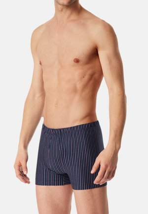 Marineblau gestreifte Boxershorts mit schmalen pinken Linien, elastischem Bund und körpernahem Schnitt, aus weichem Stoff für optimalen Tragekomfort.