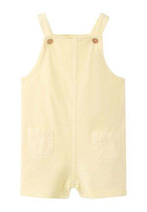 Béžovožltý detský overal so šľapkami, drevenými gombíkmi, dvoma prednými vreckami a zapínaním na cvoky v rozkroku.