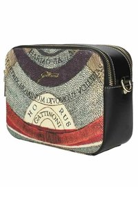Borsa a tracolla con davanti in pelle a motivo che presenta testo e disegni di onde colorate, lati neri e chiusura con zip. Dettagli in hardware dorato.