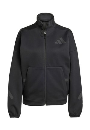 Black zippered jacket made of soft material, featuring a high collar, two front pockets, and reflective accents in a sleek design.