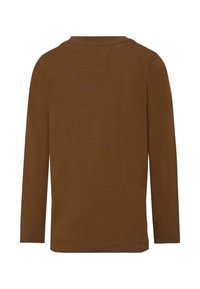 Camicia a maniche lunghe in cotone marrone uniforme. Presenta un semplice colletto rotondo e un taglio dritto. Texture morbida con polsini e fondo rifiniti.